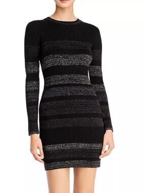 John + Jenn Black Metallic Striped Rib Long Sleeve Sweater Dress Women's Large